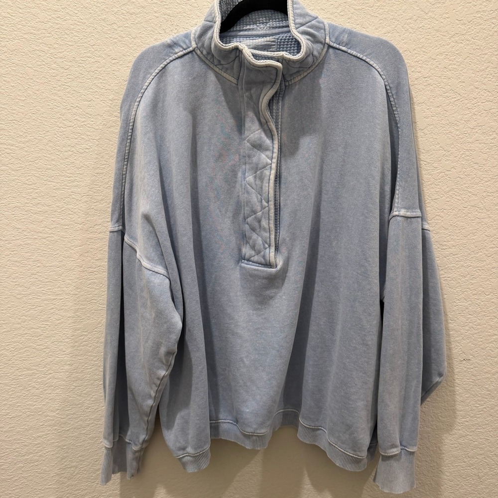 Aerie Sunday Soft Quarter Snap Pullover Sweatshirt Blue Acid Wash XL